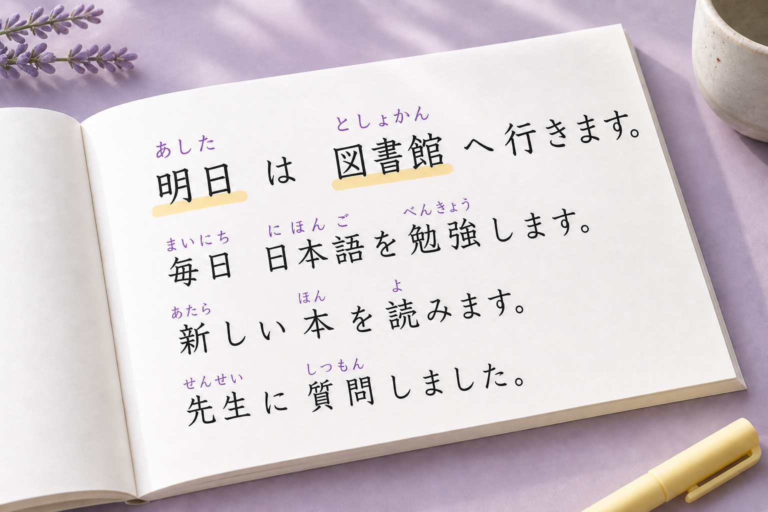 A Japanese textbook line showing あした above 明日 and としょかん above 図書館